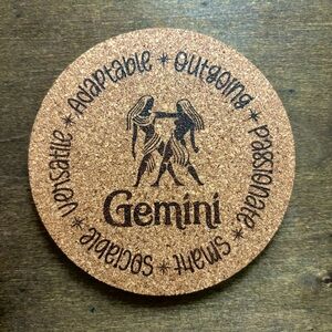 Gemini Zodiac Sign Encircled Laser Engraved Cork Coaster